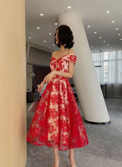 Red Lace Off Shoulder Tea Length Bridesmaid Dress, Lace Party Dress Prom Dress   cg18387