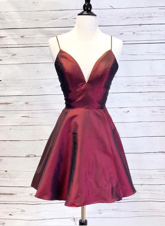 Burgundy v neck short dress, homecoming dress cg1839