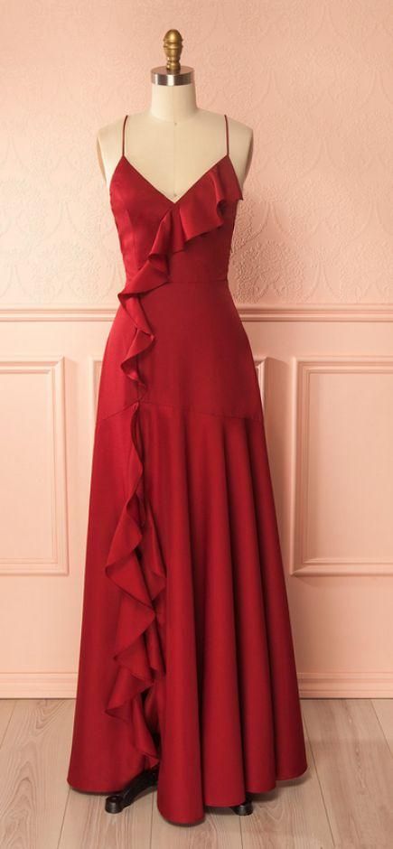 V-Neck A-line Long Prom Dress, Formal Dress Featuring Frills and Crisscross Back cg1840