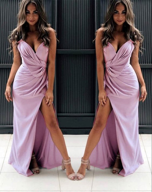 sexy pleated v neck side split bridesmaid dresses mauve pink formal Prom Evening Gown With Side Split    cg18409