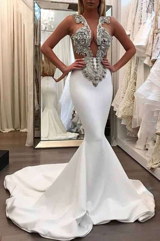 V Neck Beaded Bodice Prom Dresses Mermaid Sweep Train   cg18416