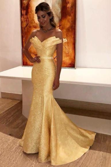 Unique Yellow Sequins Mermaid Strapless Long Prom Dress, Evening Dress   cg18418