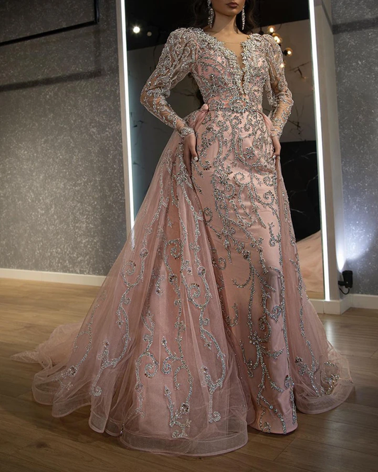 Prom Party Dress Slim-fit Sequined V-neck Long Sleeve Evening Dress   cg18431