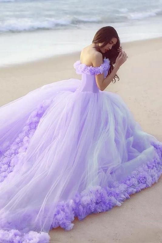 Ball Gown Off-the-shoulder Flowers Lace-up Court Train Prom Dresses   cg18449
