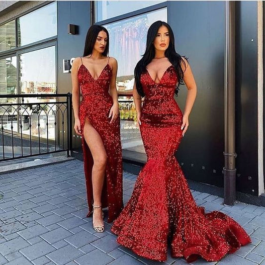 Burgundy long sequin Prom Dresses   cg18450