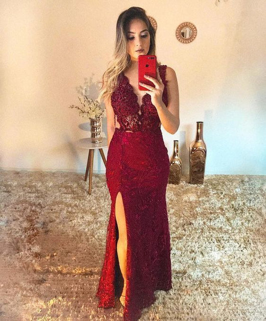 Burgundy lace long evening dress Prom Dresses   cg18453