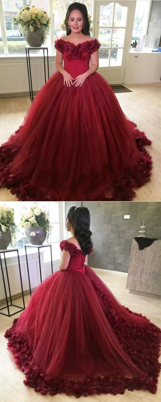 Prom Dresses Maroon Wedding Dresses Ball Gown Floral Flowers Off The Shoulder For Wedding Photography   cg18471