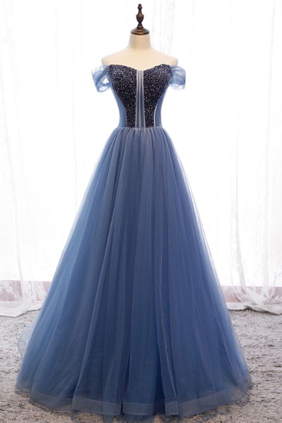 off the shoulder blue long prom dress   cg18474