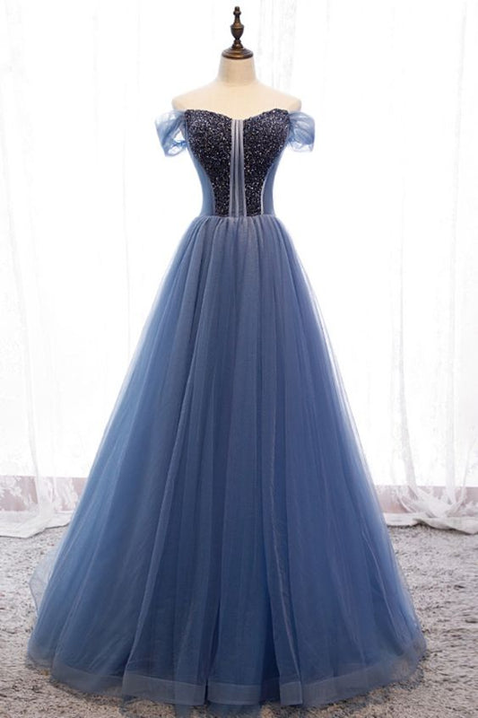 off the shoulder blue long prom dress   cg18474