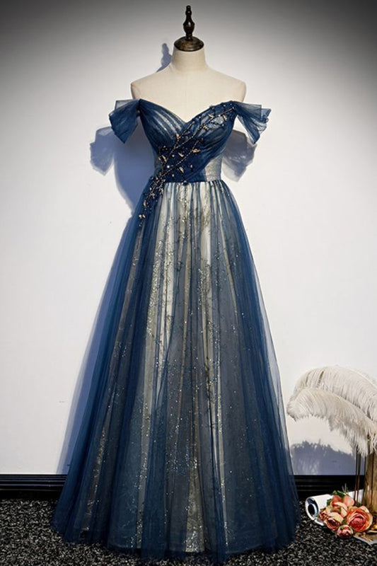 off the shoulder navy blue tulle long formal dress prom dress   cg18480