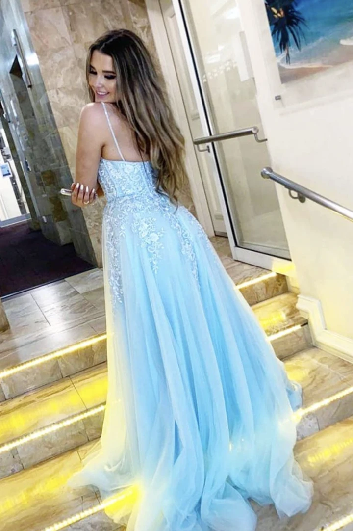 Blue tulle lace long prom dress blue evening dress   cg18486