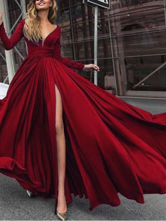 Split-Front Long Sleeves V-Neck Prom Dress   cg18512