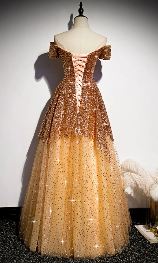 Gorgeous Gold Sequins Long Formal Gown, A-Line Golden Tulle Prom Dress   cg18539
