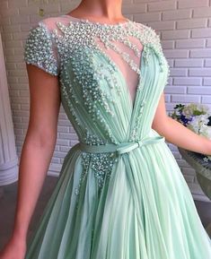 A-line Scoop Mint Green Long Prom Dresses Beading Tulle Evening Dress Prom Dresses  cg18546