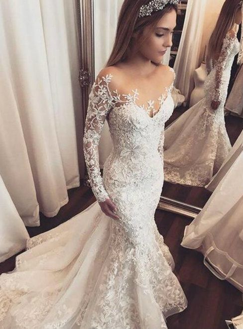 Mermaid Tulle Wedding Dresses Sheer Long Sleeve Lace Appliques Gorgeous prom Dress   cg18549