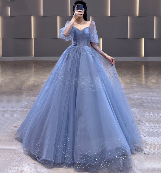 BLUE TULLE LONG A LINE PROM GOWN FORMAL DRESS    cg18557