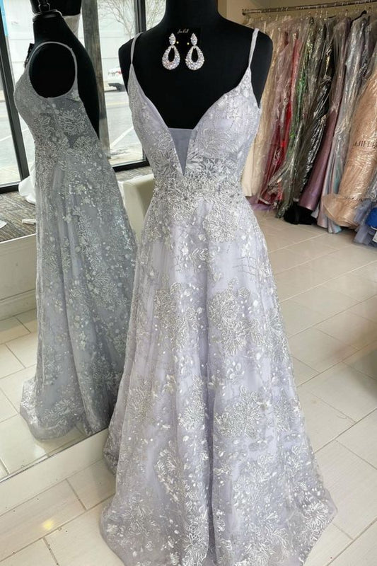 2021 A-line silver lace appliqued long prom dress formal dress   cg18564