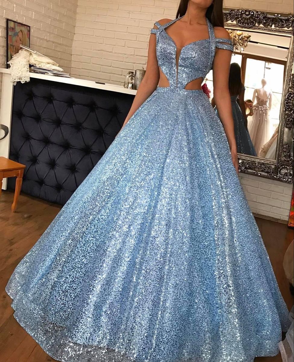 A-line light blue sequined long prom dress    cg18577