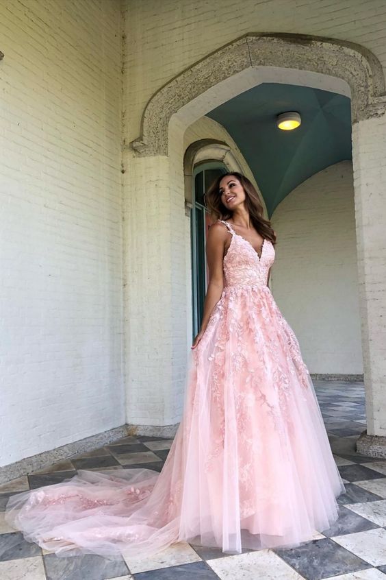 Pink Tulle and Lace A-line Long Prom Dress    cg18584