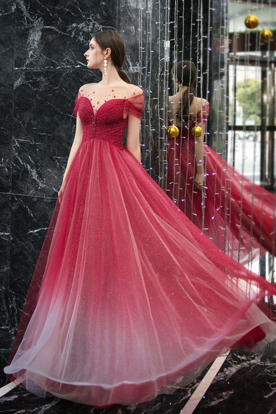 Glitter Off the Shoulder Beaded Tulle Prom Dress    cg18586