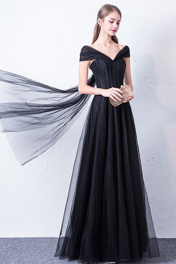 A-Line Cap Sleeve Beaded Black Tulle Prom Dress    cg18589