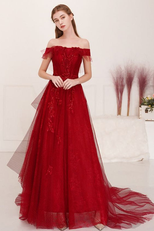 A-Line Off the Shoulder Appliques Red Prom Dress   cg18590