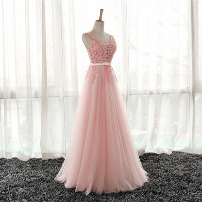 Pink Tulle V-Neckline Lace Applique Floor Length Party Dress, Pink Prom Dress 2021   cg18603