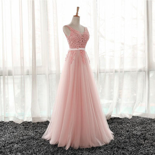 Pink Tulle V-Neckline Lace Applique Floor Length Party Dress, Pink Prom Dress 2021   cg18603