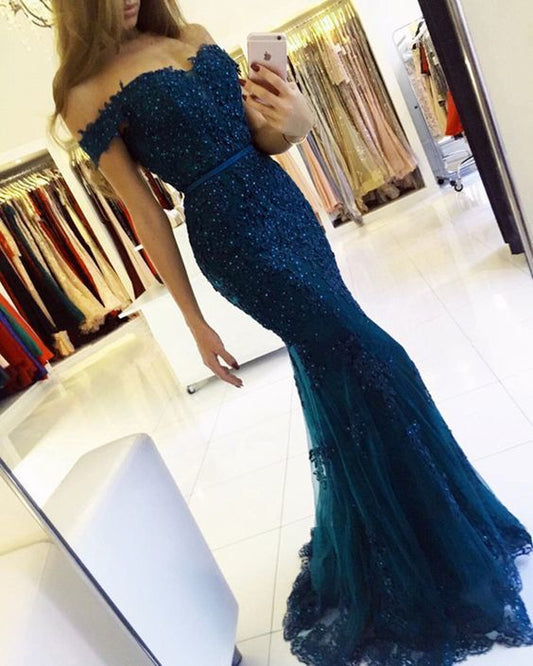 Elegant navy blue lace prom dresses mermaid off the shoulder evening gown pearl beaded    cg18606