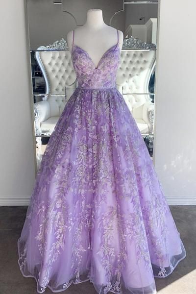 Gorgeous V Neck Thin Straps Purple Long Prom Dress, V Neck Purple Formal Evening Dress, Purple Ball Gown   cg18616