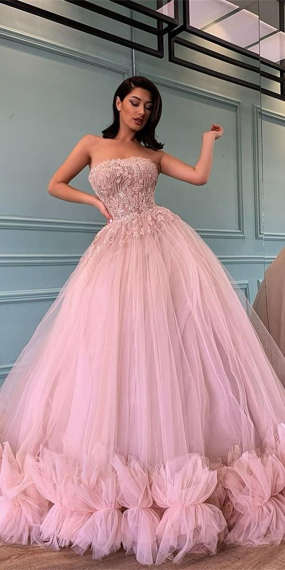 Strapless Pink Tulle Beaded Prom Dresses, A-line Ball Gown Quinceanera Dresses   cg18617