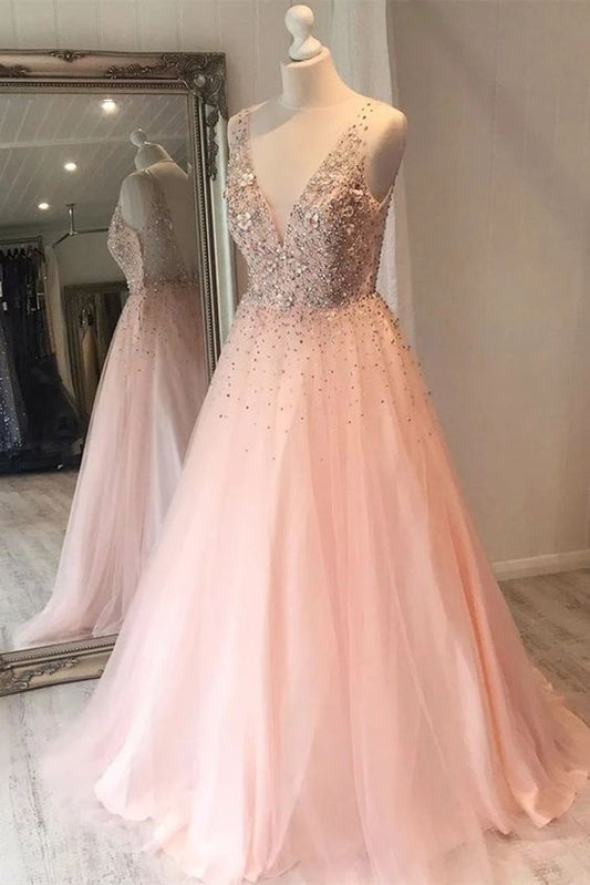 A Line V Neck Sequins Pink Long Prom Dress, Pink Formal Graduation Evening Dress   cg18618