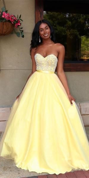 Sweetheart Long A-line Yellow Tulle Beaded Prom Dresses, Lovely Prom Dresses   cg18620