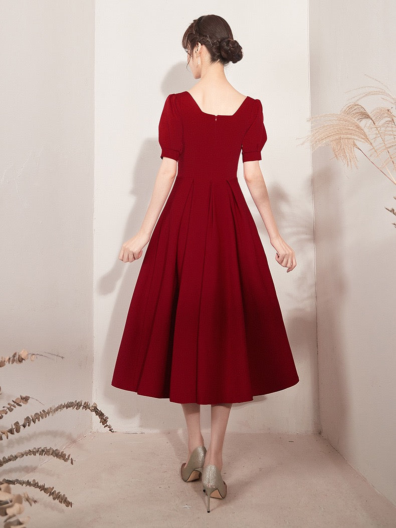 Burgundy party dress, short sleeve midi dress,satin homcoming dress   cg18626