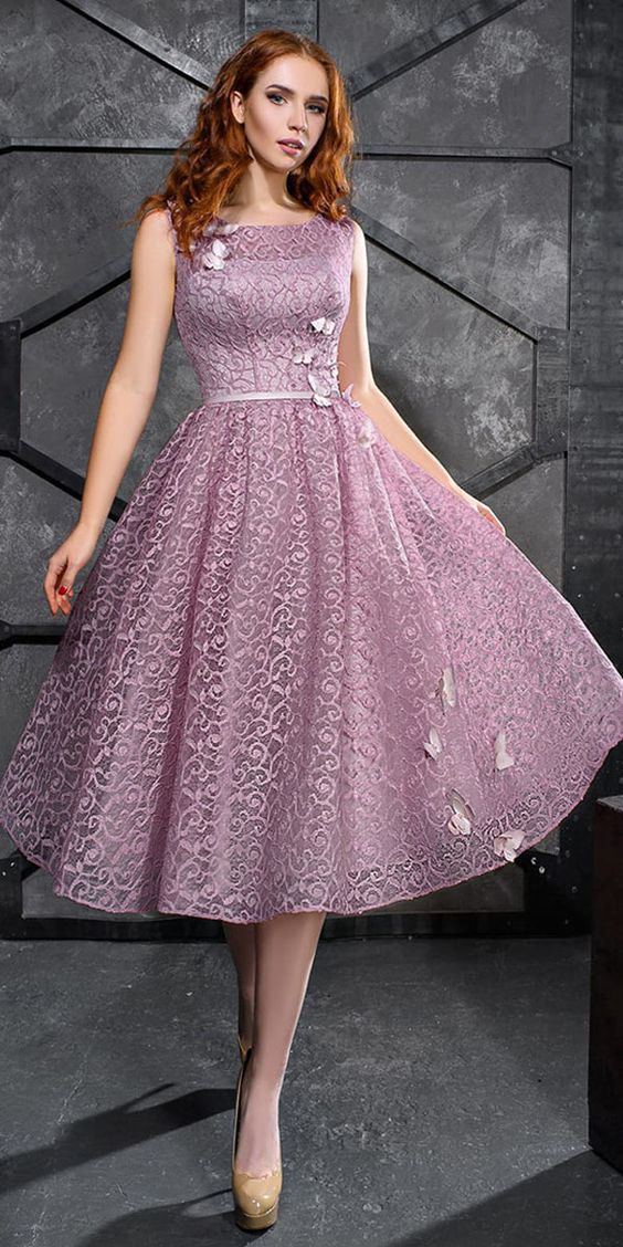 Exciting Lace Scoop Neckline Tea-length A-line homecoming Dress With Sash & Handmade Flowers With Beadings  cg1864