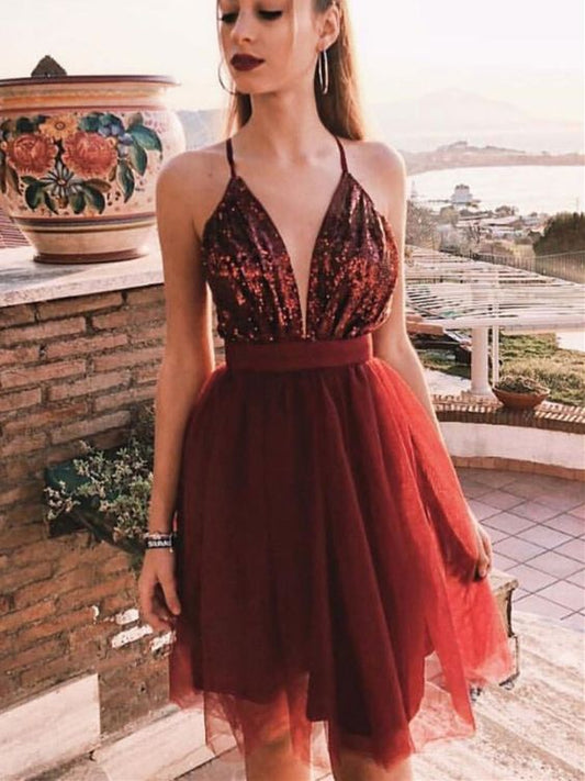 Simple V Neck Burgundy Tulle Short homecoming Dress, Burgundy Tulle Short Evening Dress cg1865