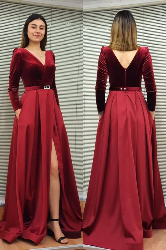 Burgundy Long Sleeves Deep V Neck Long Prom Dress with Slit    cg18668