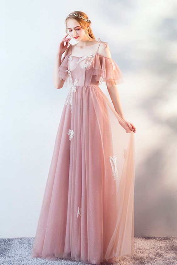 Princess Straps Pink Lace Tulle Long Prom Dress   cg18669