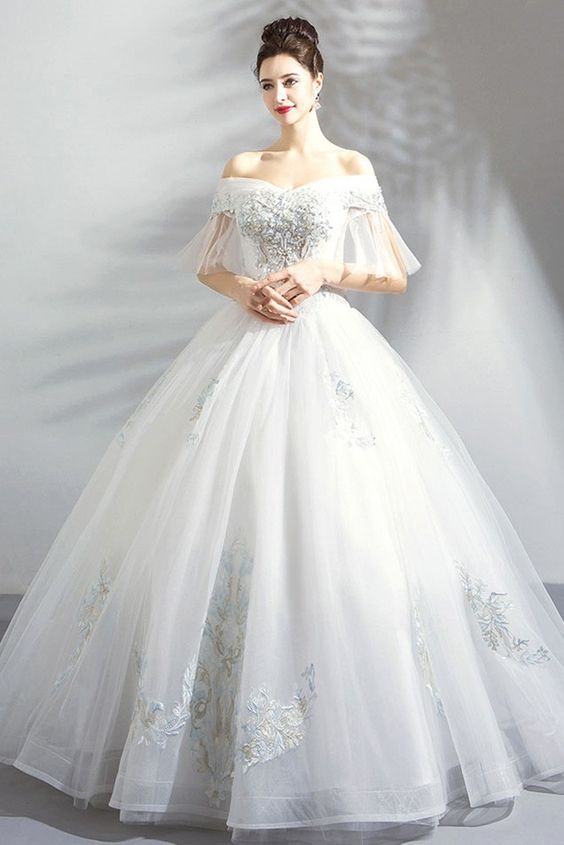 Fancy Embroidery Ball Gown Wedding Dress Princess With Off Shoulder Formal Prom Dress    cg18675