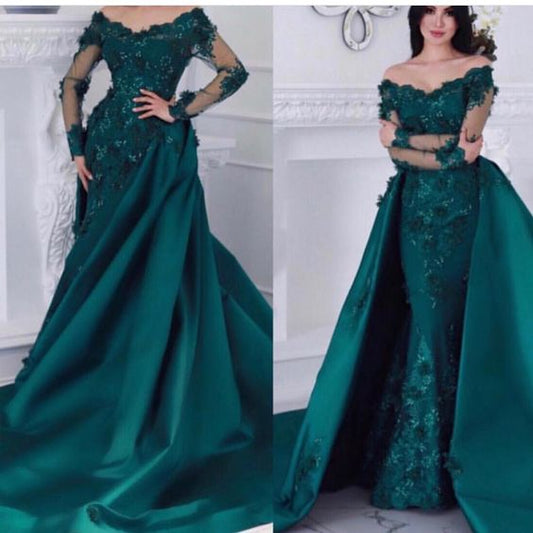 detachable prom dresses, lace prom dresses, green prom dresses, satin prom dresses, green evening dresses   cg18677