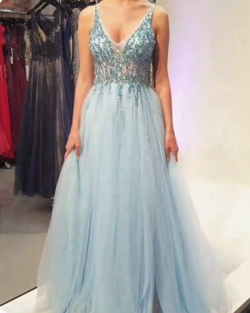 stunning A-line light blue long prom dress with sequins bodice,   cg18720