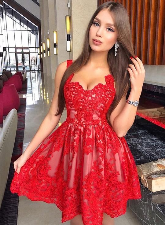 Red lace short homecoming dress, homecoming dress cg1873