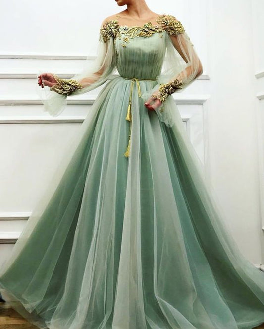 Charming Mint Green A-Line Tulle Prom Evening Dresses,Long Sleeves Princess Gown   cg18752
