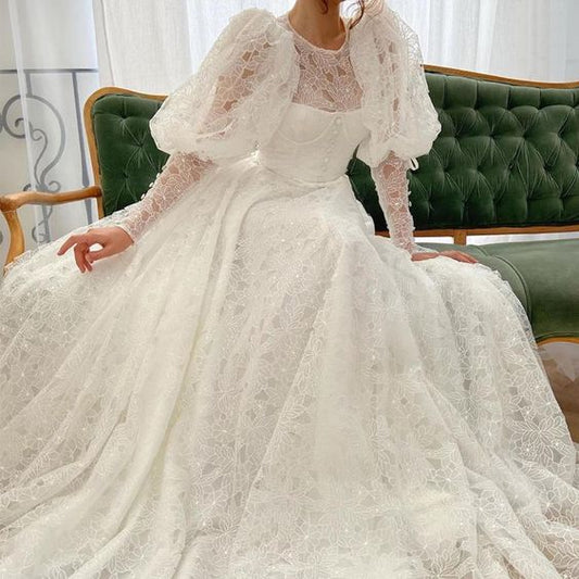 white lace applique prom dresses flare sleeve elegant sparkly prom gown 2021   cg18771