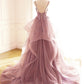 Dark Pink V-Neck Tulle Lace Prom Dress,Spaghetti Strap Prom Dress,Ruffle A Line Formal Dress   cg18781