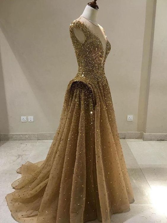 Gold Prom Dress A-line Scoop Custom Made Unique Long Prom Dress   cg18784