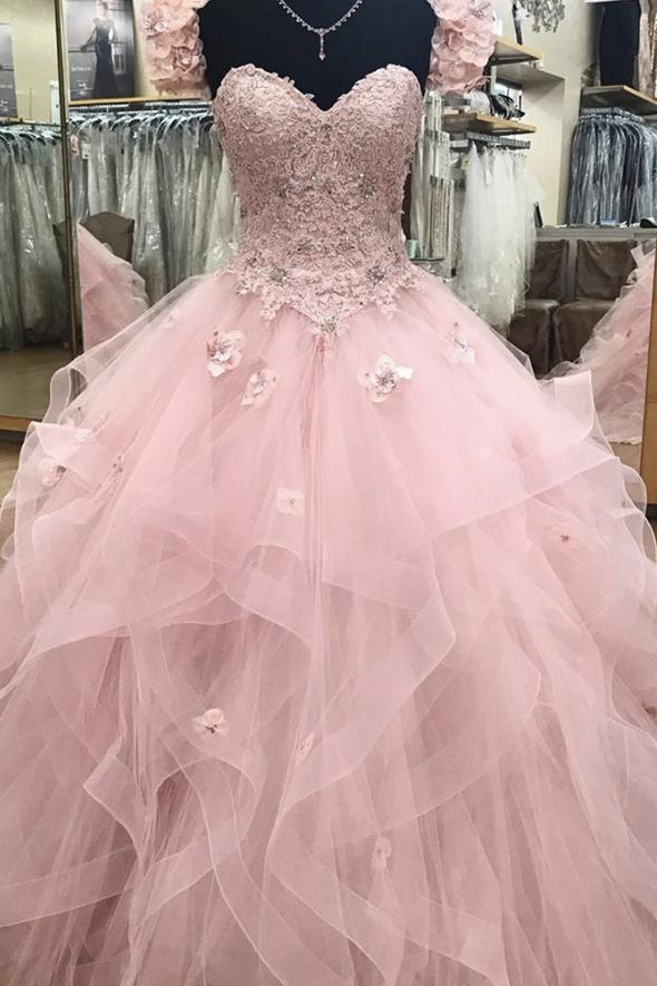 Pink lace long A line prom gown A line evening dress    cg18802