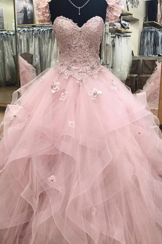 Pink lace long A line prom gown A line evening dress    cg18802