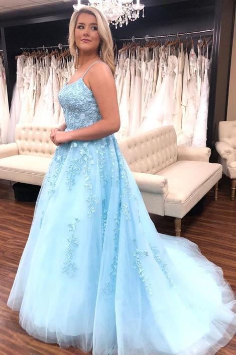 A-line light blue long prom dress with spaghetti straps   cg18816