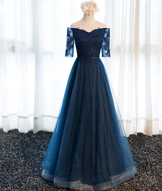 Navy Blue Half Sleeves Lace Long Prom Dresses, Navy Blue Lace Formal Dresses   cg18818